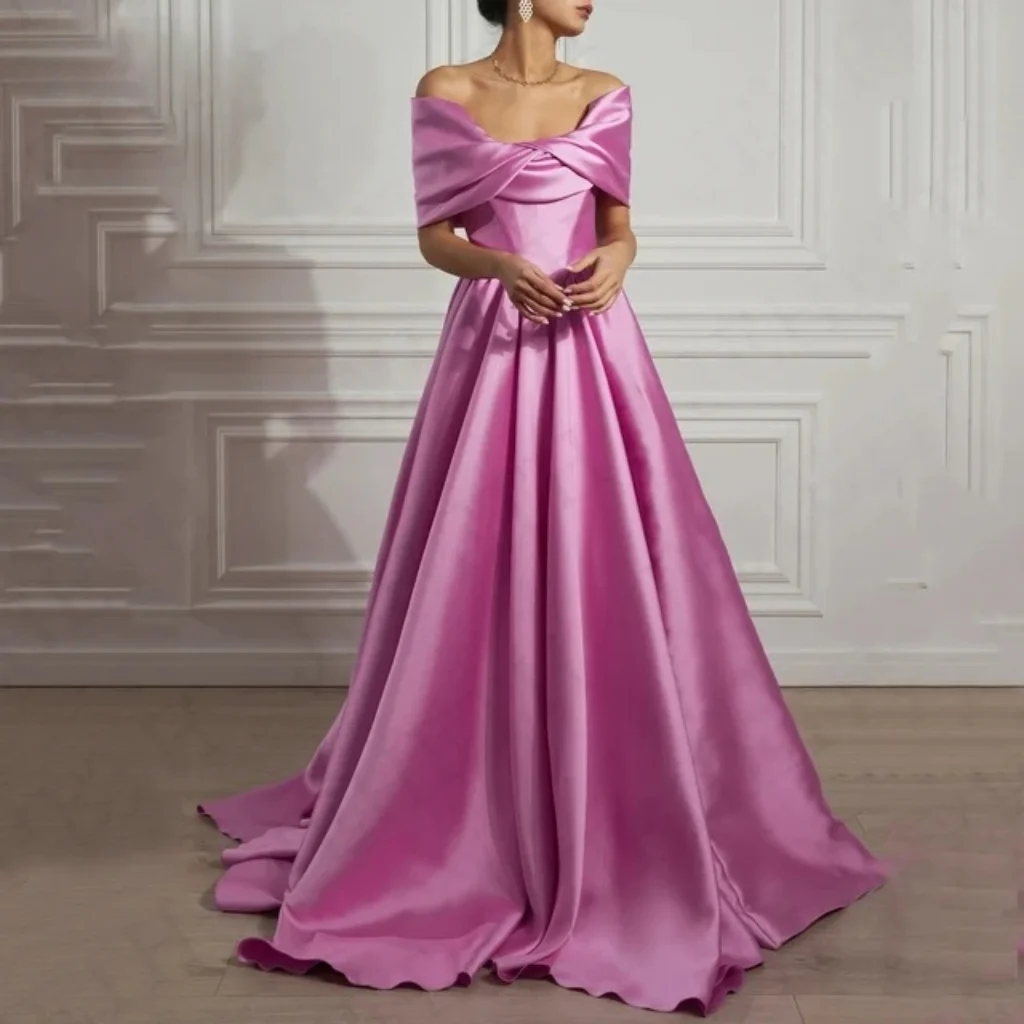 

New Modern Purple Evening Formal Dress 2026 Off the Shoulder Pleats A-line Satin Long Prom Pageant Party Gowns Vestidos Feast