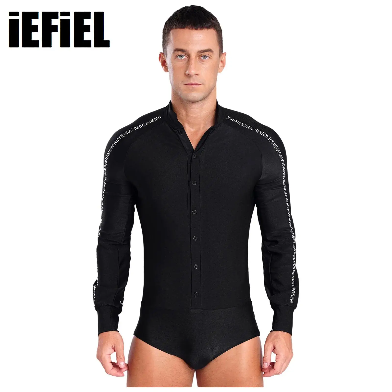 

Mens Latin Dance Leotard Competition Costume Raglan Sleeve Stand Collar Button Sparkly Rhinestones Leotard