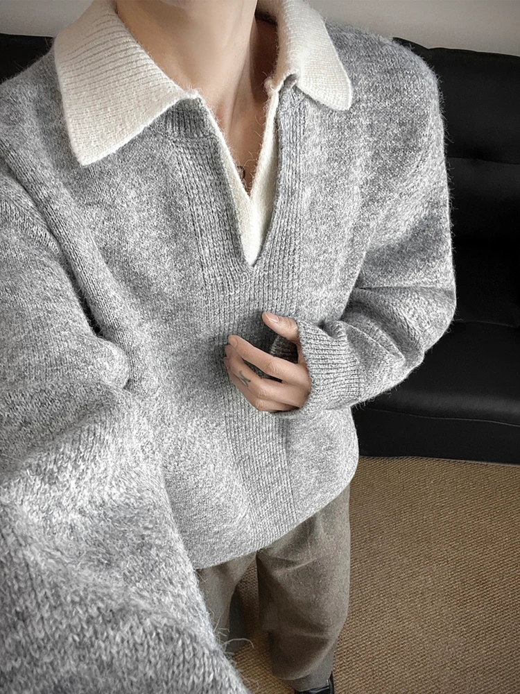 

Американский Sle, повседневный свободный мужской вязаный свитер, зимний тяжелый свитер с искусственным воротником из двух частей, удобная верхняя одежда