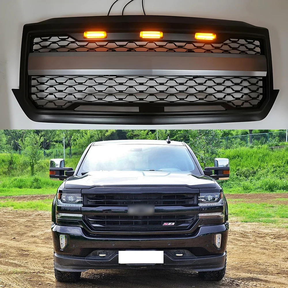 

For Chevrolet Silverado 1500 2016 2017 2018 With LED Light Grill Car Front Bumper Grilles Upper Racing Grills Grille