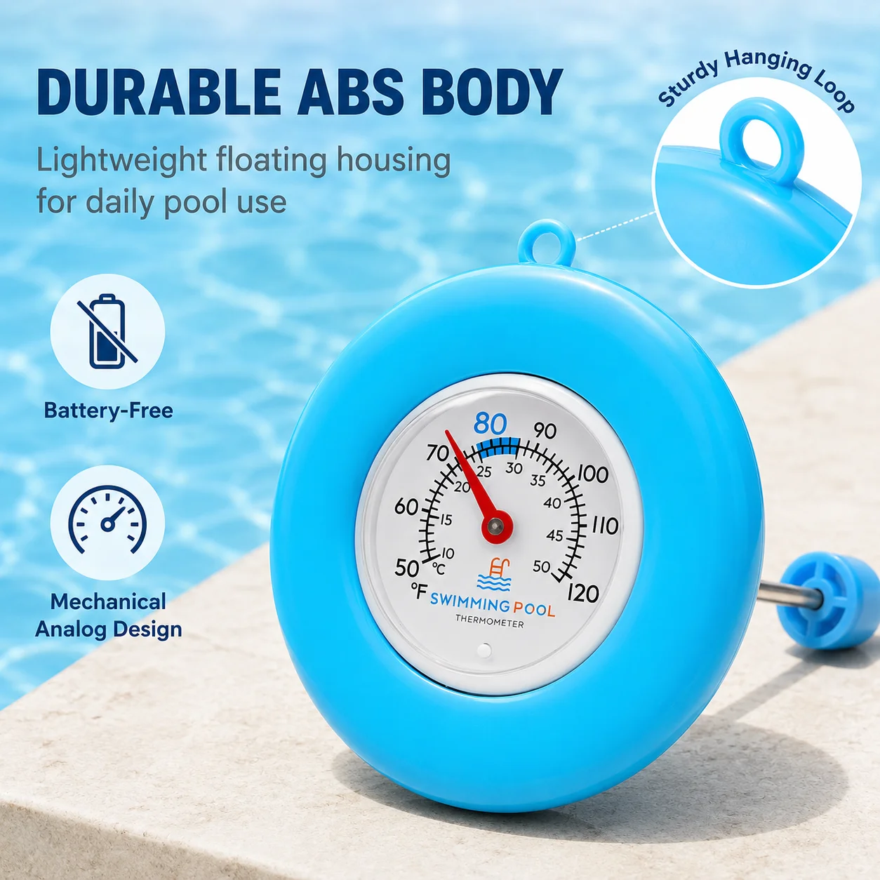 floating pool thermometer, swimming pool thermometer, analog pool thermometer, water temperature gauge, pool temperature meter