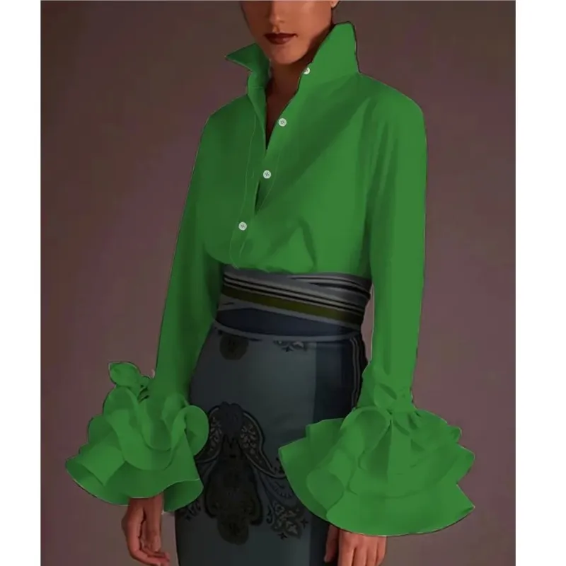 2025 Casual Shirts Simple Style Blouses Commuting Blouse For Woman Shirt Temperament Elegant Slim Solid Color Lotus Leaf Sleeves