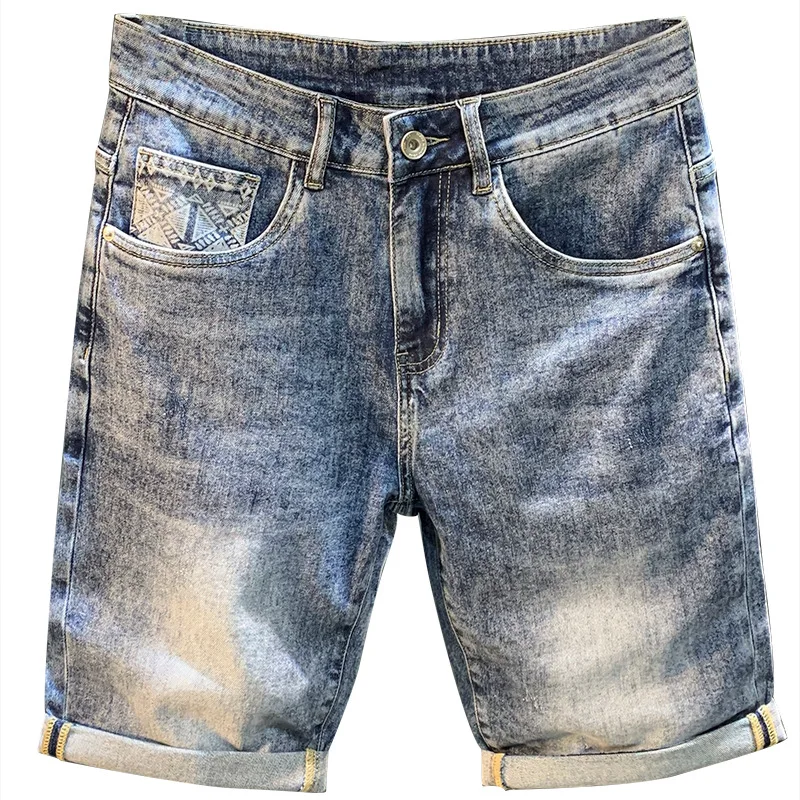 Summer Men's Denim Shorts2024Annual Thin High-End and Fashionable Printed Straight Short Pants Fashion Brand Casual Blue Shorts