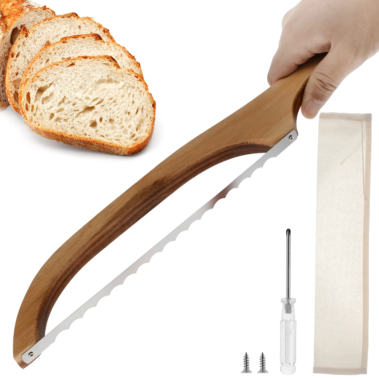 15.7 Inch Bread Cutter with Wooden Handle Serrated Bagel Cutter Bread Bow Cutter Stainless Steel Blades Sourdough Bread Slicer