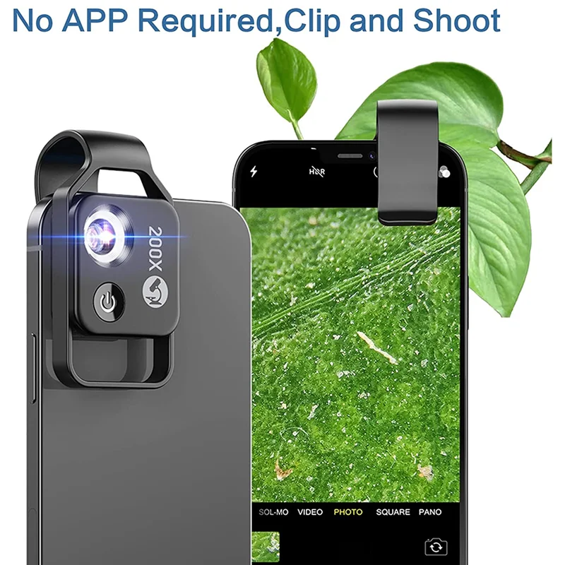 200X Cell Phone Microscope Accessory with CPL Lens, Portable Mini Digital Microscope with LED Light/Universal Clip