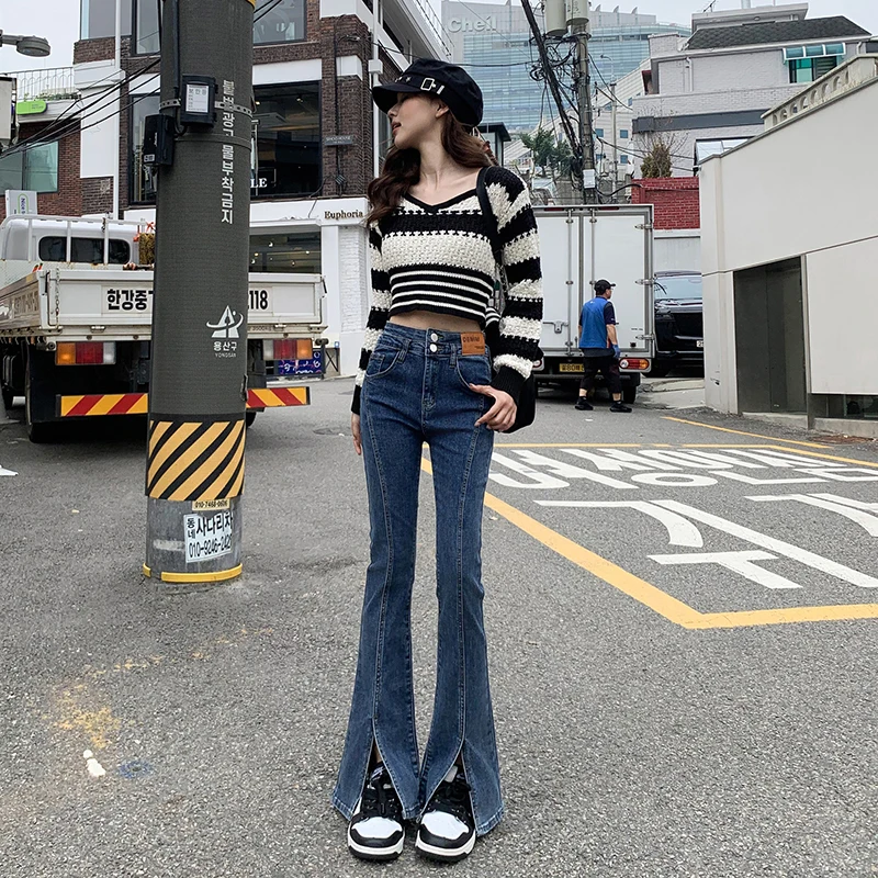 ZMAYC celana Jeans Retro wanita, celana Denim regang kasual model Korea pinggang tinggi terbelah