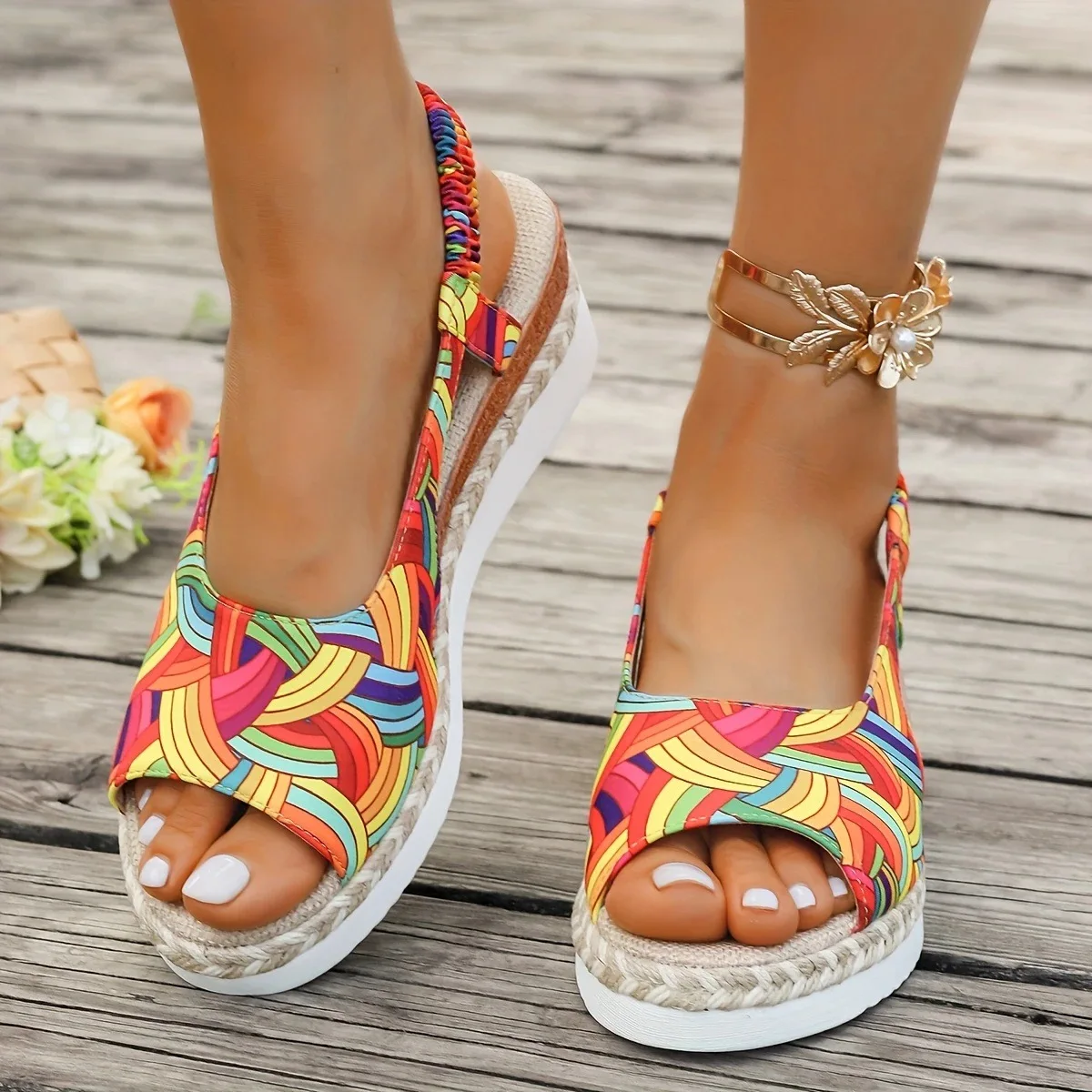 

Новые летние элегантные женские босоножки на высоком каблуке с круглым носком на танкетке, модные удобные женские сандалии на толстой подошве с открытым носком