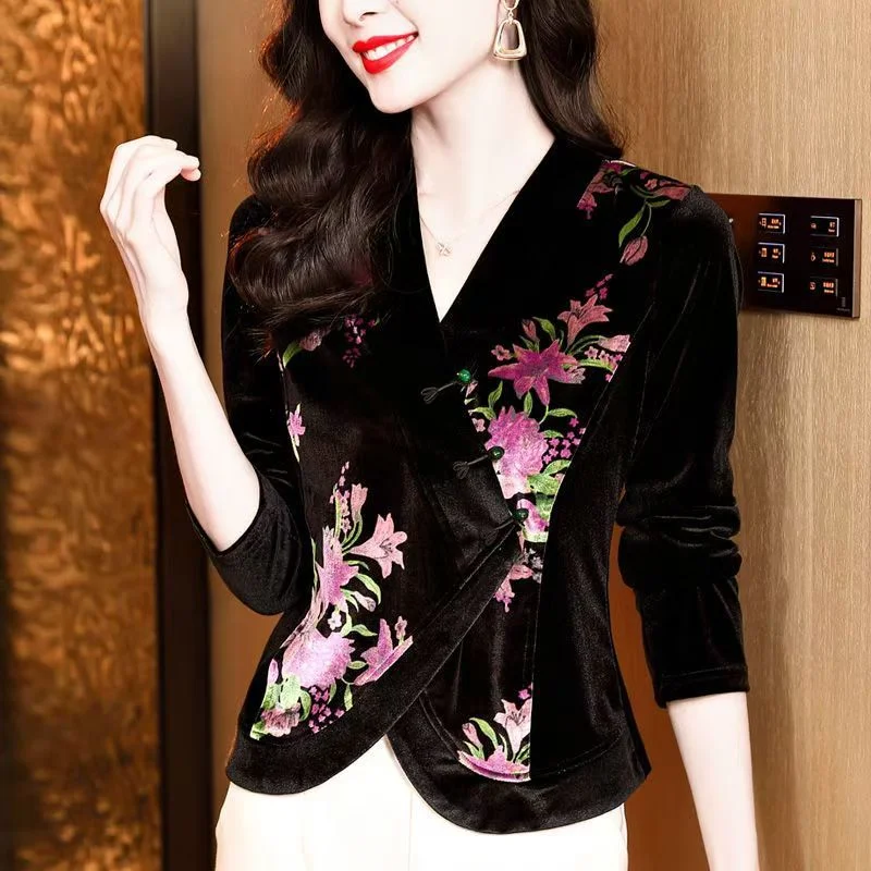 

New Chinese Retro Versatile Temperament Printed Spliced Long Sleeves Fashionable Women