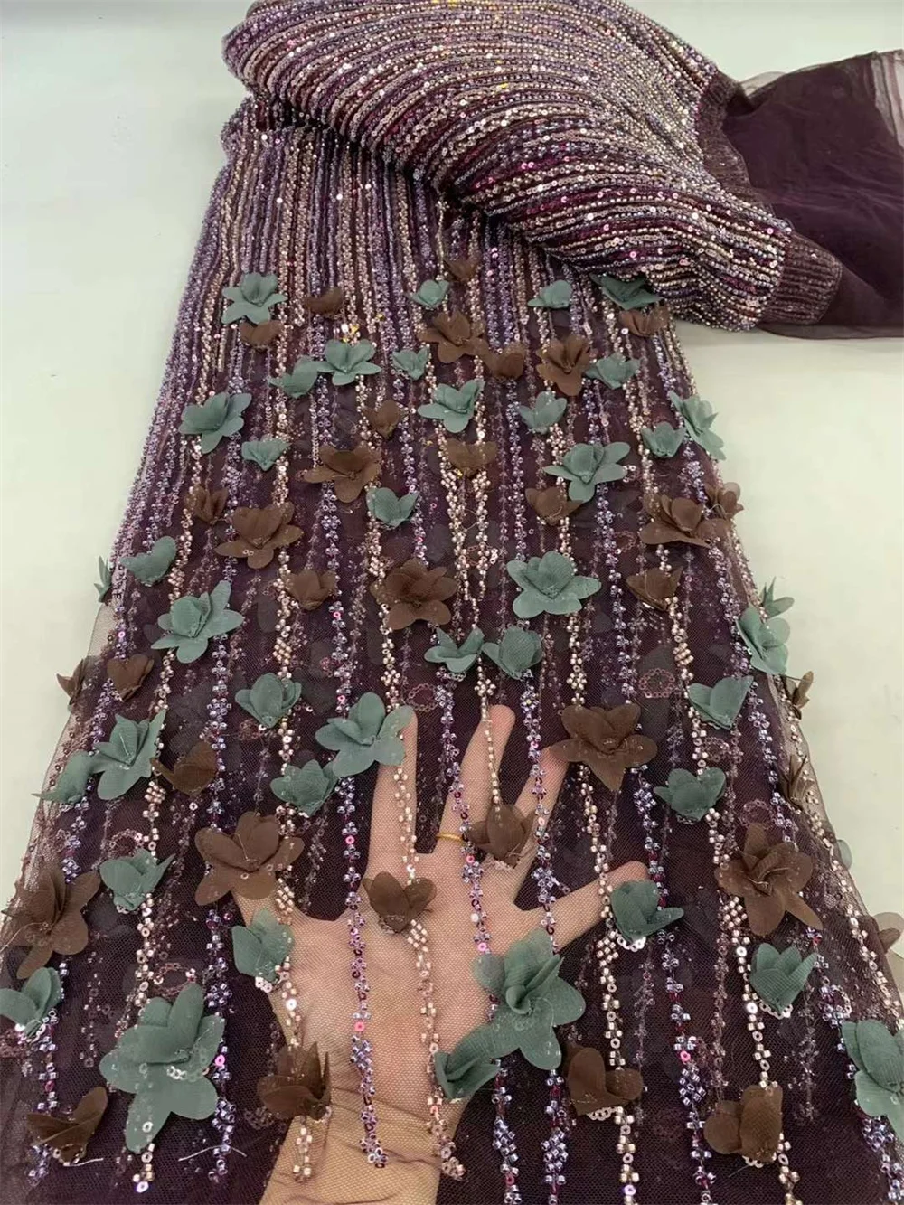 Brown Latest African Lace Fabric 2024 High Quality Embroidery 3d French Nigerian Lace Fabric 5 Yards For Women Party DressW189-1