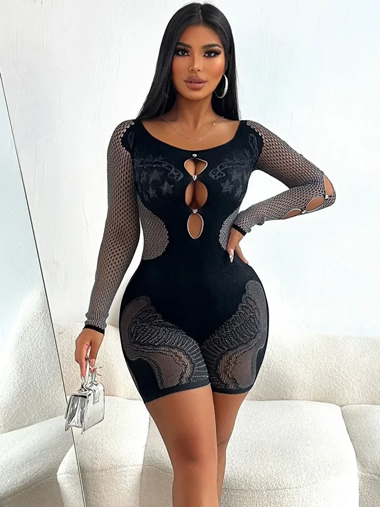 

Sexy Hollow Out Long Sleeve Playsuit Women Romper Sexy Lingerie Midnight Mesh See Through Patchwork Bodycon Jumpsuit Shorts