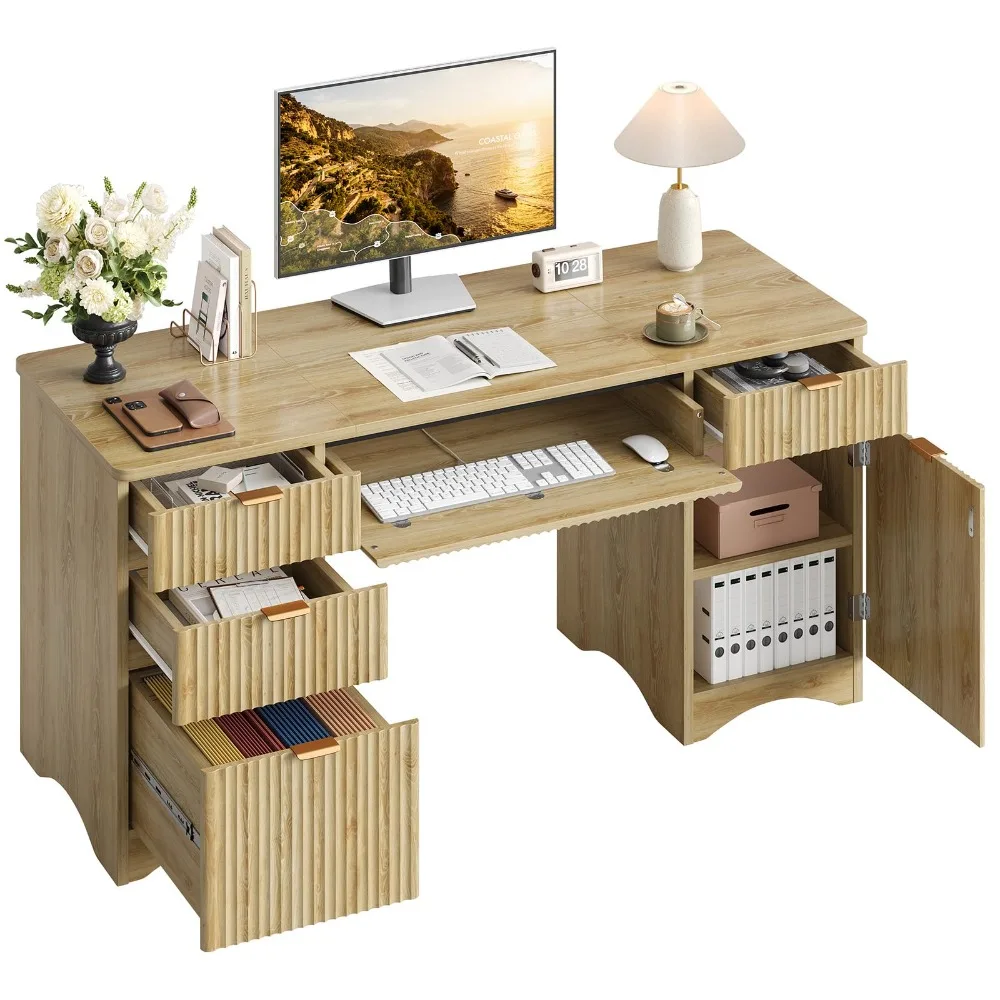 63 Inch Home Office Desk with Drawers, Fluted Executive Desk with Ample File Drawer, Keyboard Tray & Storage Cabinet