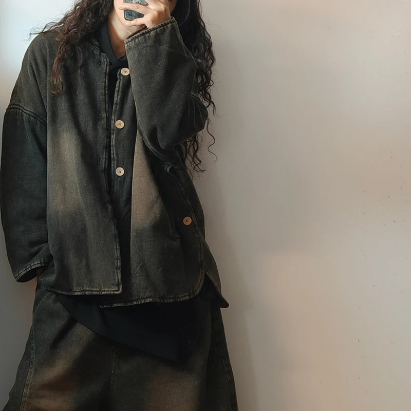 Neue Ankunft Winter Frauen Oansatz Einreiher Lange Ärmel Verdickt Parkas Lose Beiläufige Gute Qualität Baumwolle Denim Mäntel Y129