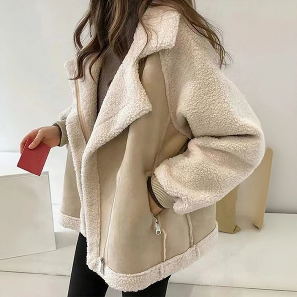 

Trendy Warm Fur Jacket Thickened One-Layer Lambswool Loose Deerskin Fleece Top All-match Women's Outerwear
