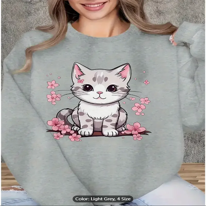 

Женский повседневный толстый пуловер на флисовой подкладке - милый мультяшный котенок и принт вишни, который можно стирать в машине, комфорт