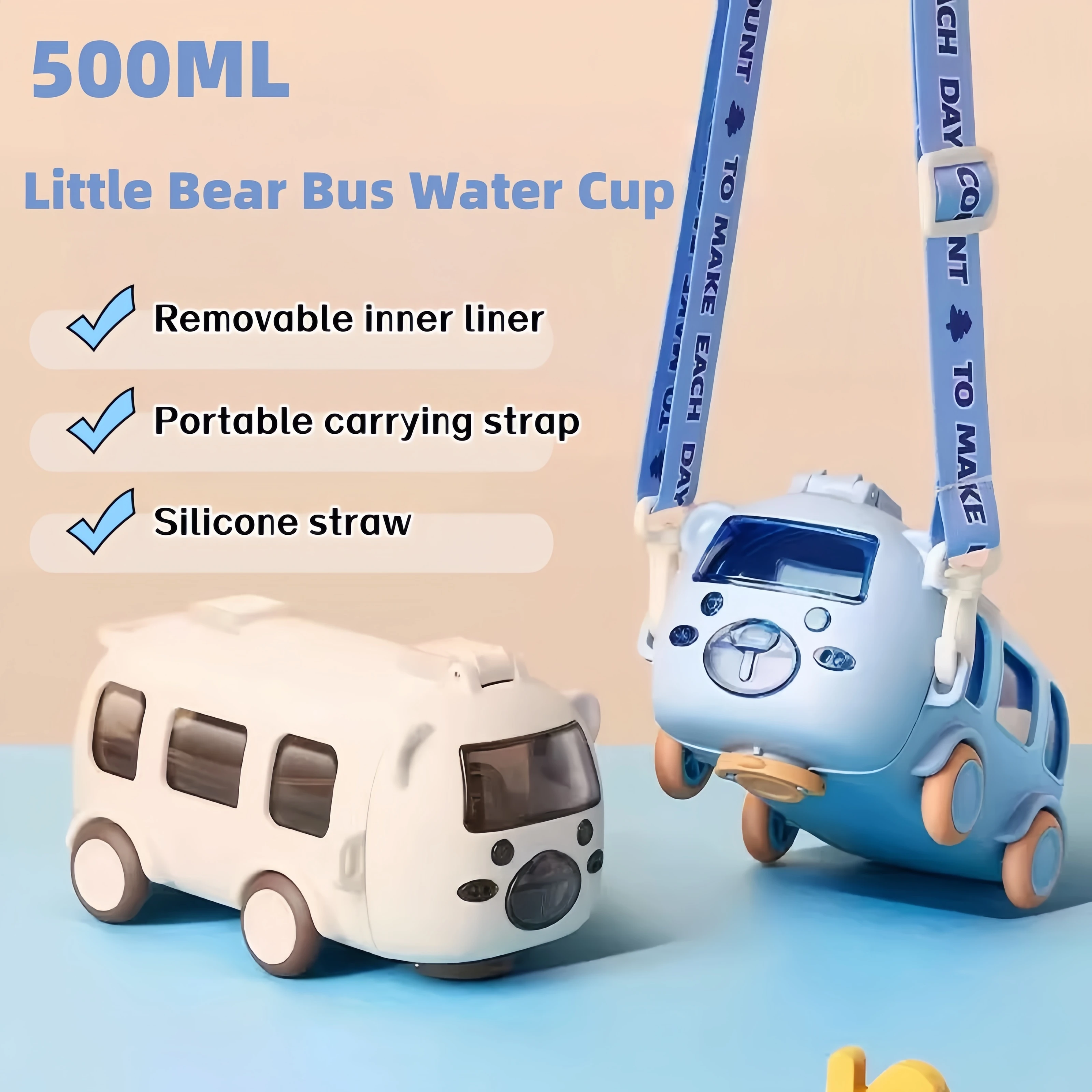 

500 мл портативная бутылка для воды с медведем и плечевым ремнем, детская милая автомобильная соломенная чашка для воды в форме автобуса, детская бутылка для воды на открытом воздухе