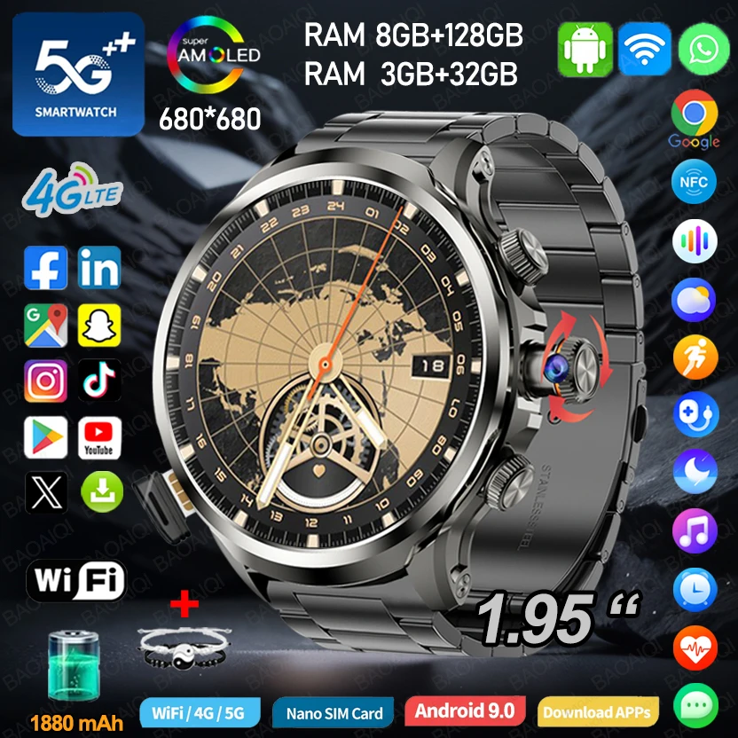 

5G/4G Full Network Smart Watch 1.95 inch 680*680 AMOLED Screen 8GB+128GB RAM 900W Camera GPS Map WIFI Google Download Smartwatch