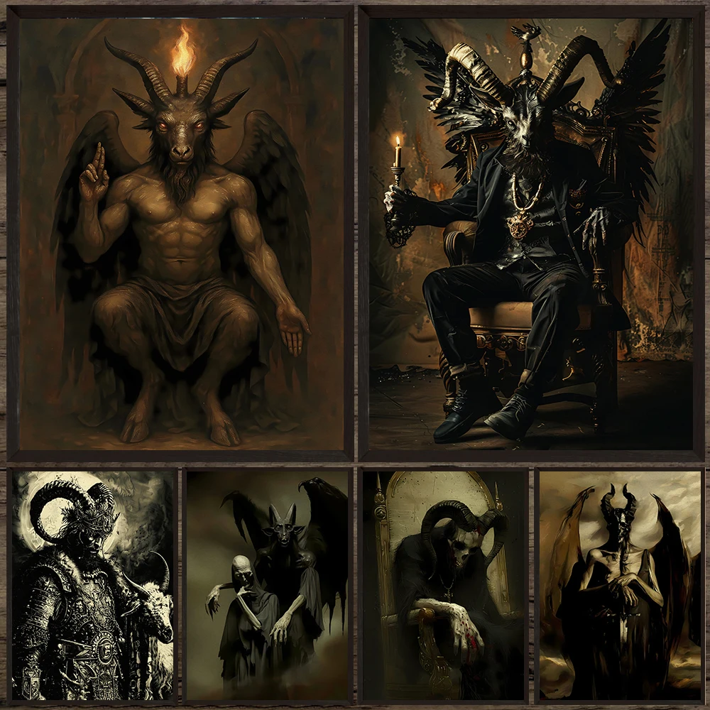 Creepy Dark Demon Lords Abstract Wall Art Canvas Painting,Baphomet,Satan,Infernal Priest,Lilith,Lucifer,Gothic Art Poster Print
