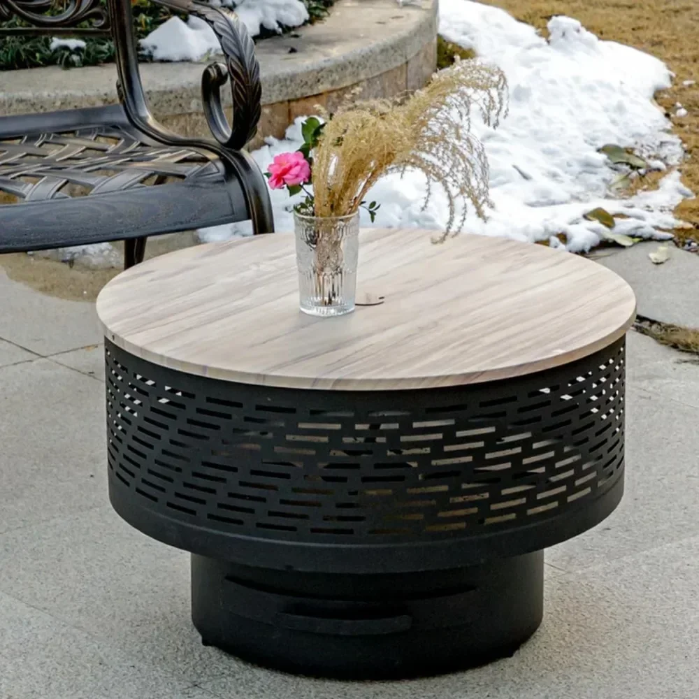 

Wood Burning Fire Pits with Grill & Lid, Fire Pit Table for Outside with Waterproof Cover & Fire Poker, Outdoor Firepit