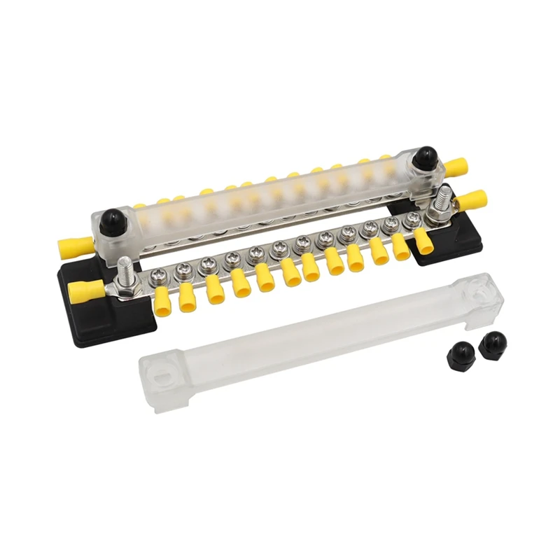 Bus Line High Current Double Row Busbar With Transparent Cover 150A 12-Way Nylon+Stainless Steel Black