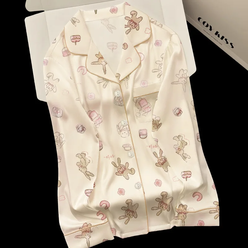 Spring Autumn Fashion Lapel Cream Doll Rabbit Printing Pajamas Long Sleeves Trousers Two-piece Set Real Photo Soft Satin Silk