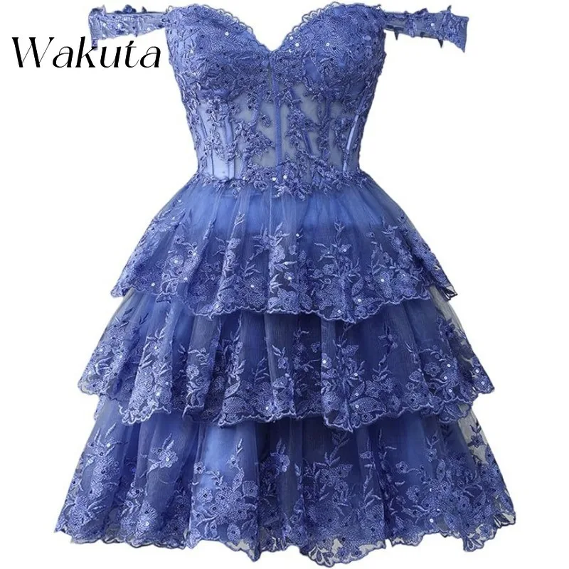 Wakuta sexy träger lose träger lose Spitzen kleider Glitzer Tüll Reunion Robe Korsett geschichtet formale Party Vestidos de Fiesta فستان س카رة