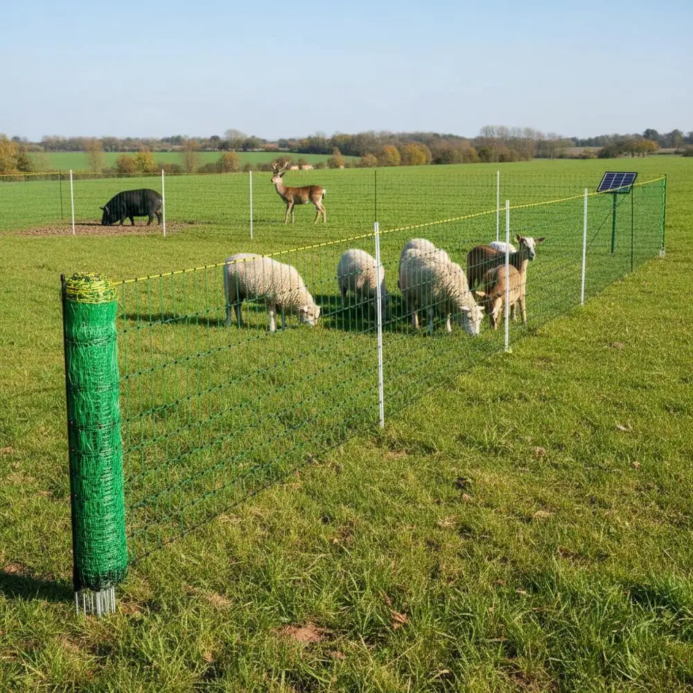 

Livestock Netting 50" H x 164' L For Backyards Gardens Farms, Portable Mesh Double Spike Posts Stakes Poultry Enclosure White
