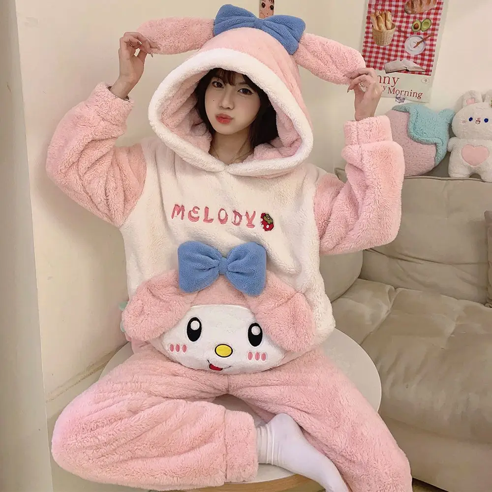 Sanrio Hello Kittys Cinnamoroll Coral Velvet Pajamas Women Kuromi Cartoon Long Sleeve Warm Girls Cute Melody Warm Homewear Set view 4