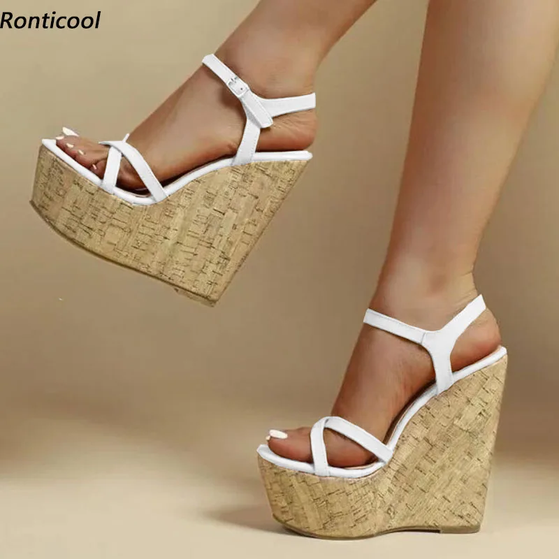 Ronticool Handmade Women Summer Sandals Cork Wedges Heels Round Toe Beautiful Party Shoes Ladies US Plus Size 5-20