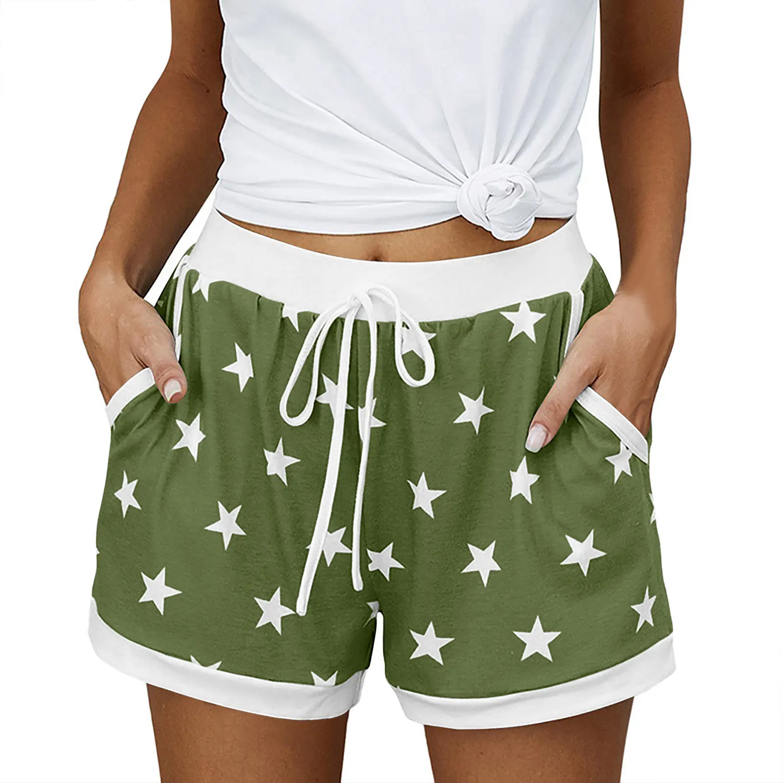 2025 Women's Fashion Patchwork Shorts Star Print Drawstring Elastic Waist Short Pants Summer Fashion Casual Shorts