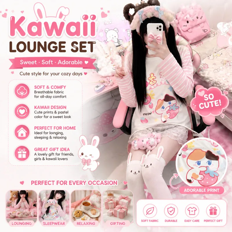 Cotton Kawaii Cartoon Print Long Sleeve T-Shirt Pink Striped Patchwork Loose Fit Teen Girls Spring Autumn School Daily Wear Girl