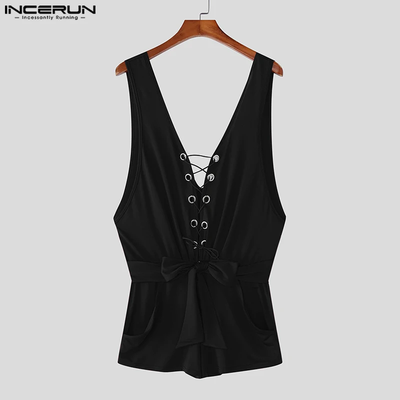 INCERUN الرجال داخلية بلون الخامس الرقبة أكمام الجوف خارج الدانتيل يصل الذكور السروال القصير Playsuits مثير الصيف ارتداءها S-3XL 2025