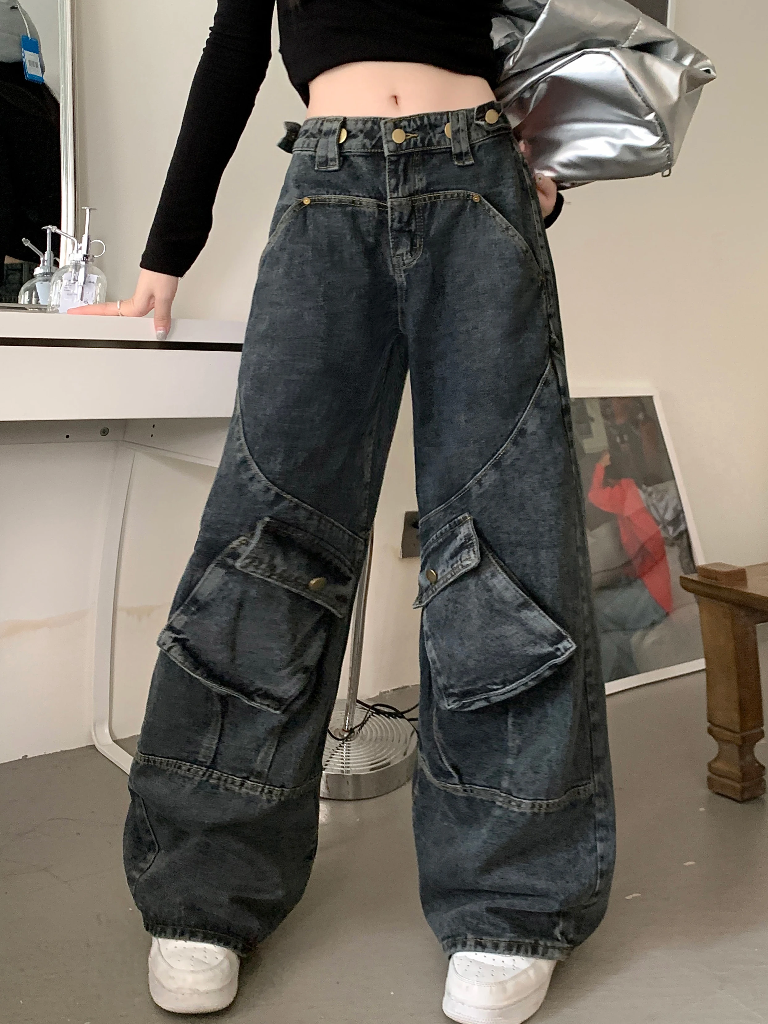 Women's Dark Blue Y2k Cargo Jeans Harajuku Denim Trousers Streetwear Oversize Jean Pants Vintage Aesthetic 2000s Trashy Clothes