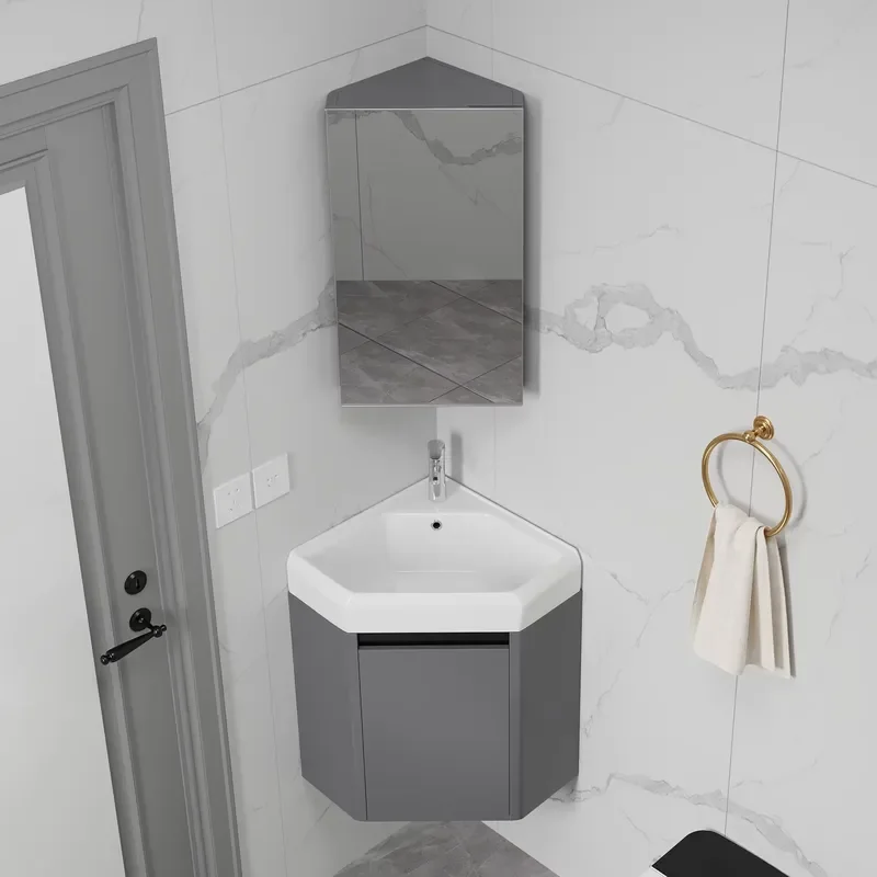 Small Wooden Wall Mounted Triangular Corner Bathroom Cabinet With Wash Basin Floating Sink Storage Set For Modern Home Decor