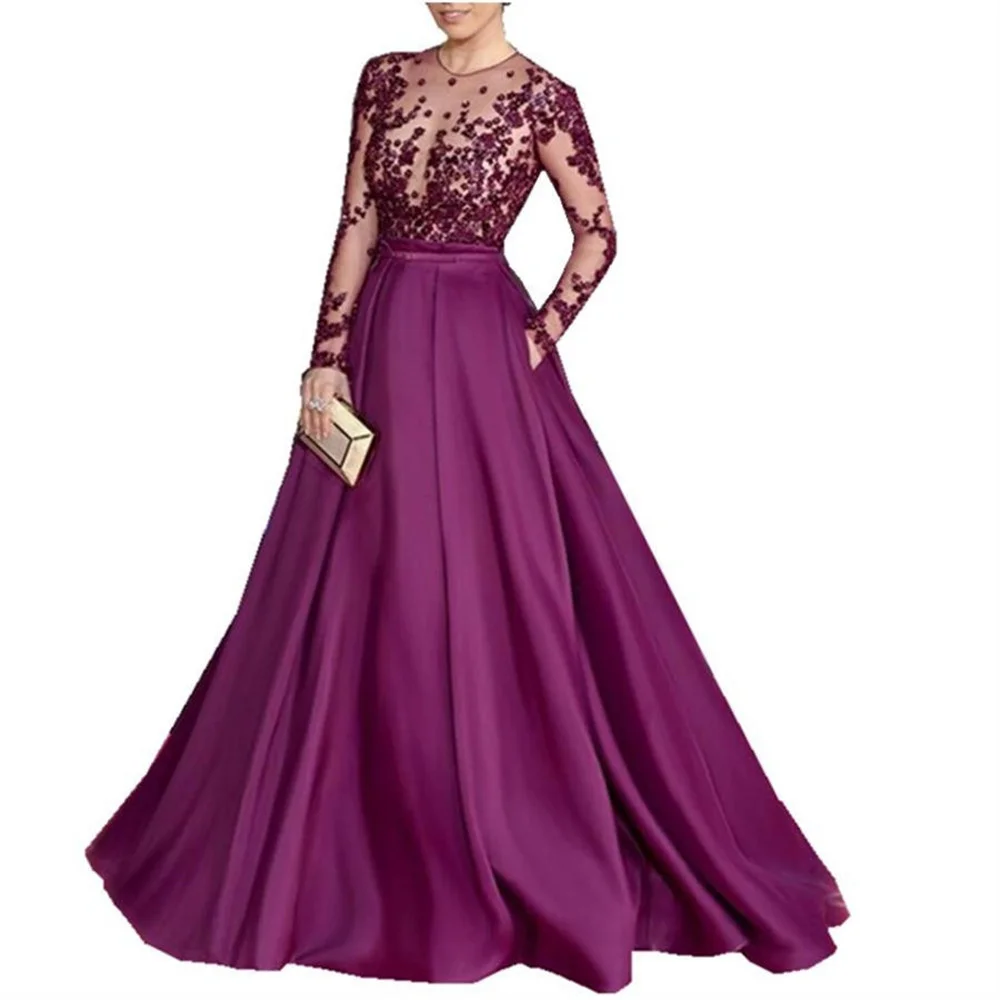 Purple Mother of the Bride Evening Lace Long Sleeve Applique Beaded Pocket Women's Elegant Formal Occasion Dresses Floor Length