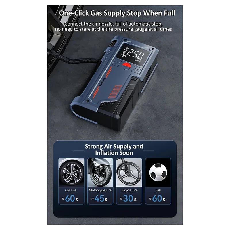 

A60E-Car Air Pump 14.8V Tire Inflator Car Emergency Power Jump 10000Mah Air Pump Battery Booster 4.0L Gas