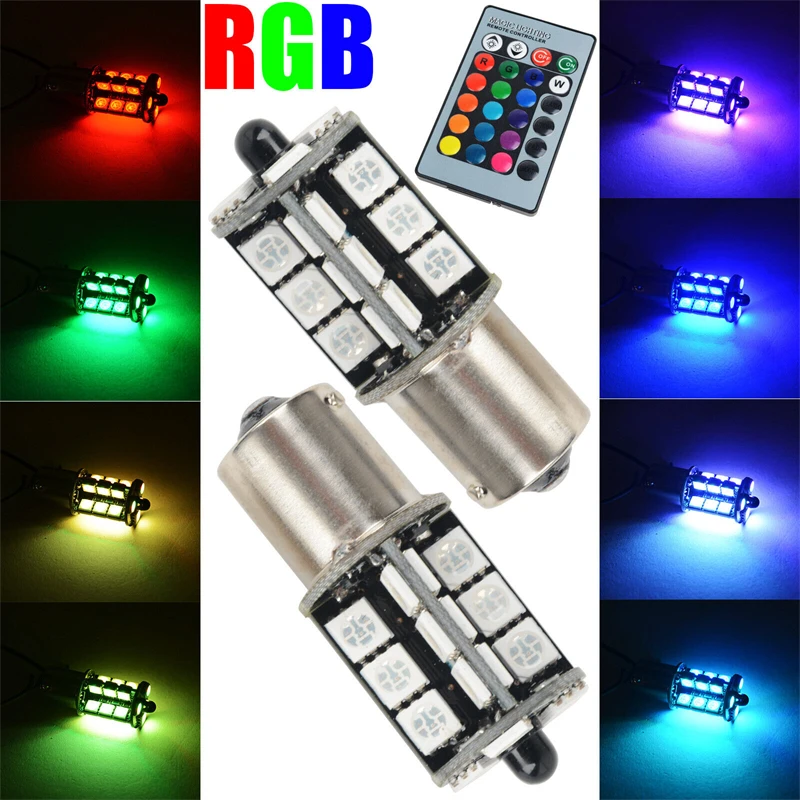 2PCS RGB 12V 27SMD 5050 Multi-Color RGB LED Fog Lights Driving Bulbs Remote H11/H8 H4 H16 5202 1156 With Remote Control