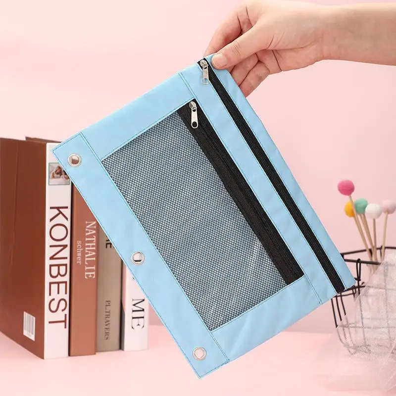 Double Zipper Pen Bag 3 Rings Binders Pencil Case File Bag Pencil Box For Erasers Rulers Markers Storage