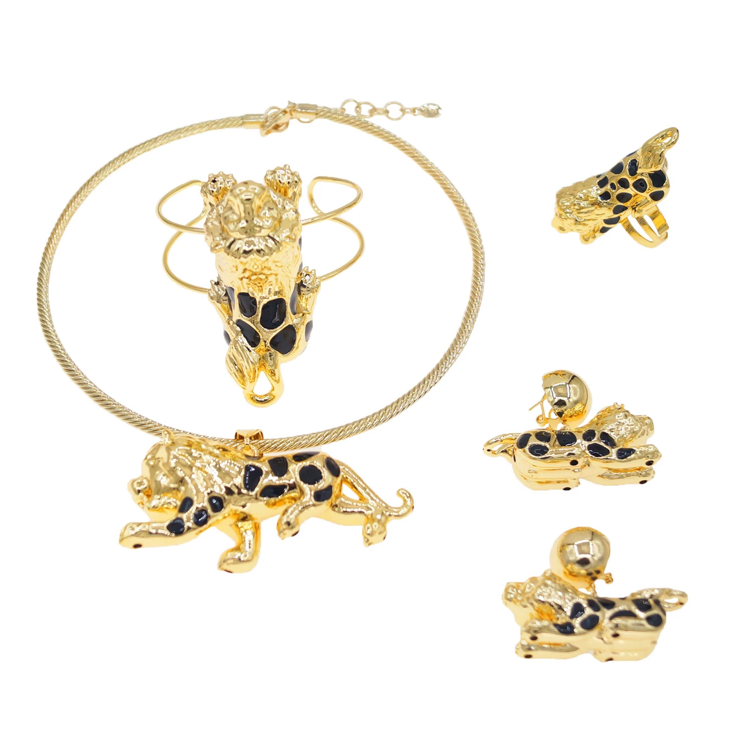 Nuovo arrivo di lusso leopardo placcato oro quattro set di gioielli per le donne splendido collare Fine fascia Aretes Anillos gioielli per feste