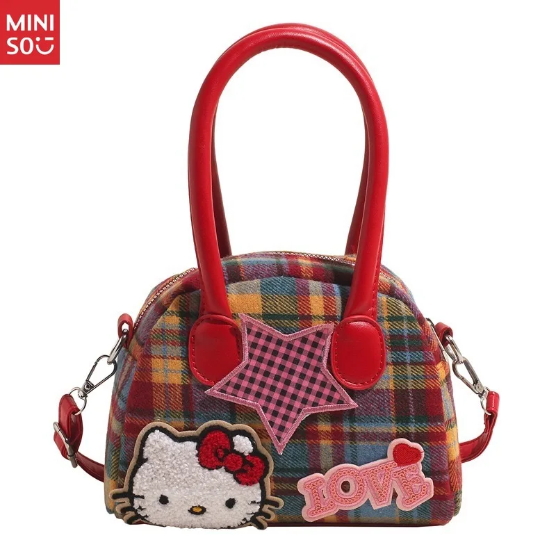 Miniso Korean Style Ins Plaid Hello Kitty Handbag, Cute Bow & Star Crossbody Shoulder Bag