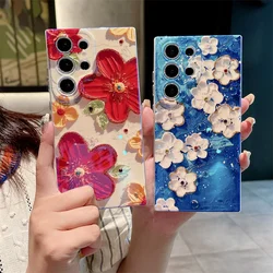 เคสโทรศัพท์ลายดอกไม้หยดน้ำสีฟ้าพร้อมฟิล์มติดเลนส์กากเพชร, S22 Samsung Galaxy, S23, S24ultra