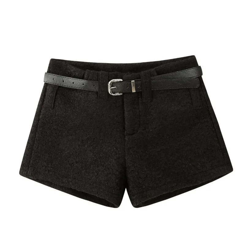Women Woolen Shorts High Waist Straight Boot Shorts With Decorative Belt Pockets Sweet Cool Casual Bottoms