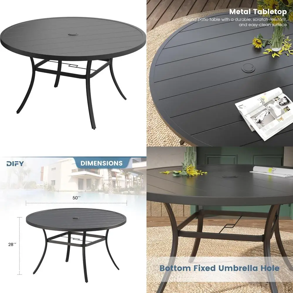 طاولة طعام للفناء الخارجي تتسع لـ 6 مقاعد، طاولة معدنية مع فتحة مظلة قابلة للتعديل، أثاث لجميع الأحوال الجوية، مناسبة لـ 50 طلقة #1