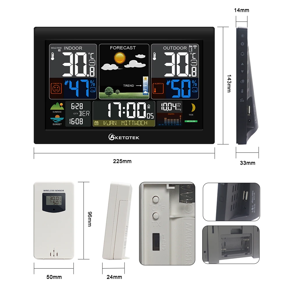 Chetotek Sunrise and Sunset Weather Station orologi Wireless Indoor Outdoor termometro orologio da tavolo con temperatura e umidità