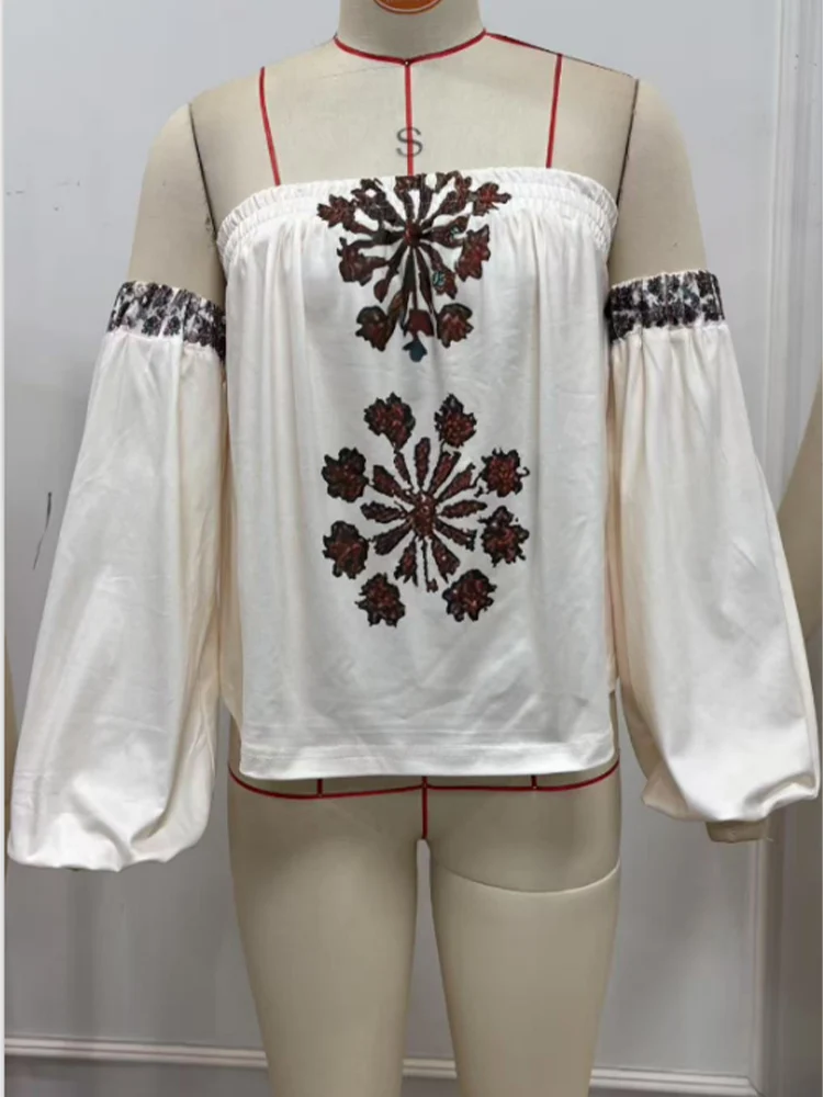 

Chic Bohemian Off Shoulder Blouse with Ethnic Style Print Lantern Long Sleeves Shirt Blouses for Summer Sping Casual Tops