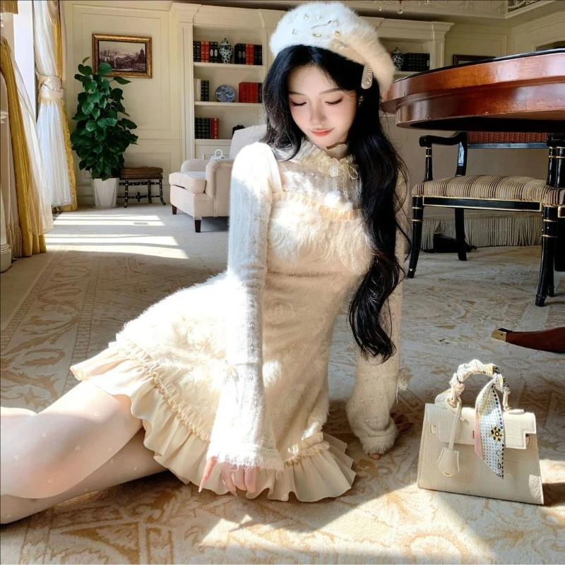 Winter Knit Sweet Elegant Mini Dress Suit Woman Japanese Lolita Lace Vintage 2 Piece Sets Female Bow Design Chic Outfits 2025