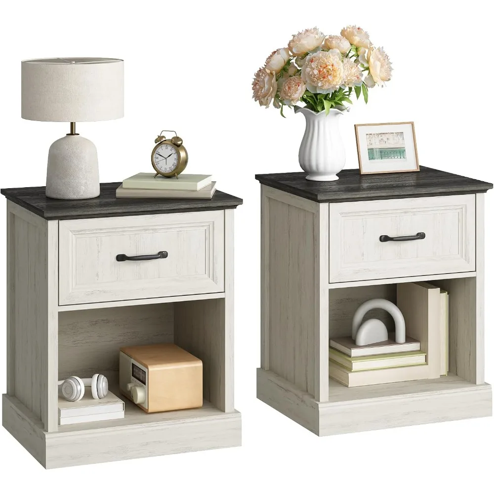 

20-дюймовая тумбочка для фермерского дома, набор из 2 предметов, торцевой столик с большими ящиками и открытым хранилищем, приставной столик, прикроватная тумбочка для спальни, гостиной R