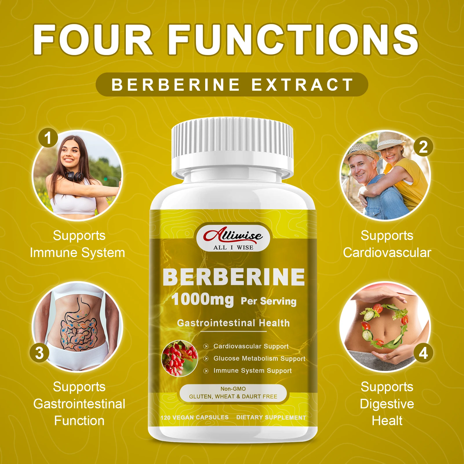 Alliwise Premium Berberine Supplement Capsules Supports Immune System, CardiovascularHeart & Gastrointestinal Wellness