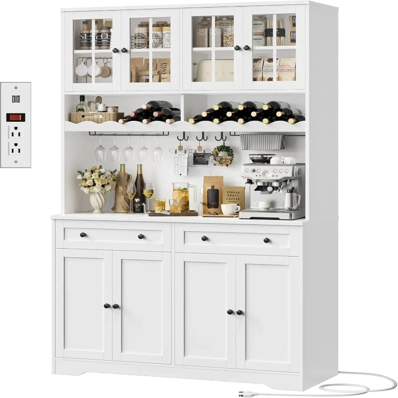 

75.4" Tall Kitchen Pantry Cabinet with Charging Station, Modern White Kitchen Hutch with Microwave Stand and Wine Racks, Large