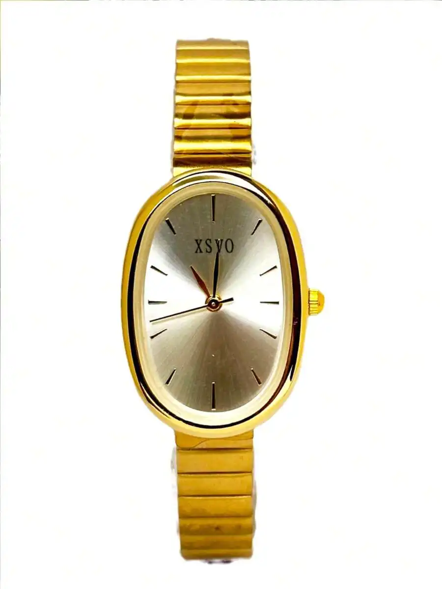 1pc Women's Minimalist Oval-Shaped Fashion Studded Scaled Small Dial Bamboo Strap Quartz Watch, Suitable For Daily Matching,