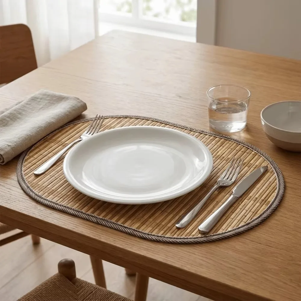 Lightweight Bamboo Placemat Rustic Edge Binding Table Protection Mat Square Shape Ellipse Kitchen Table Mat